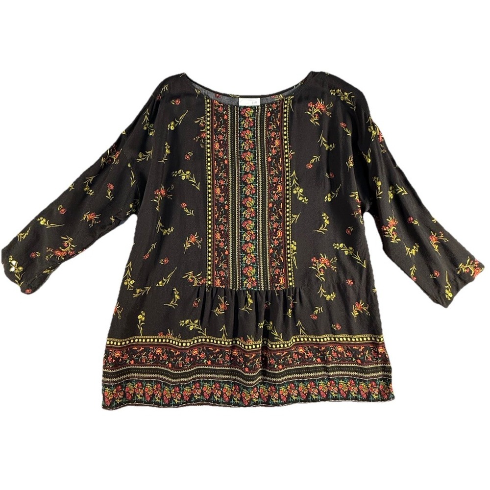 J Jill Top Womens M Boho Floral Tunic 3/4 Sleeve Boat Neck Lightweight Peasant